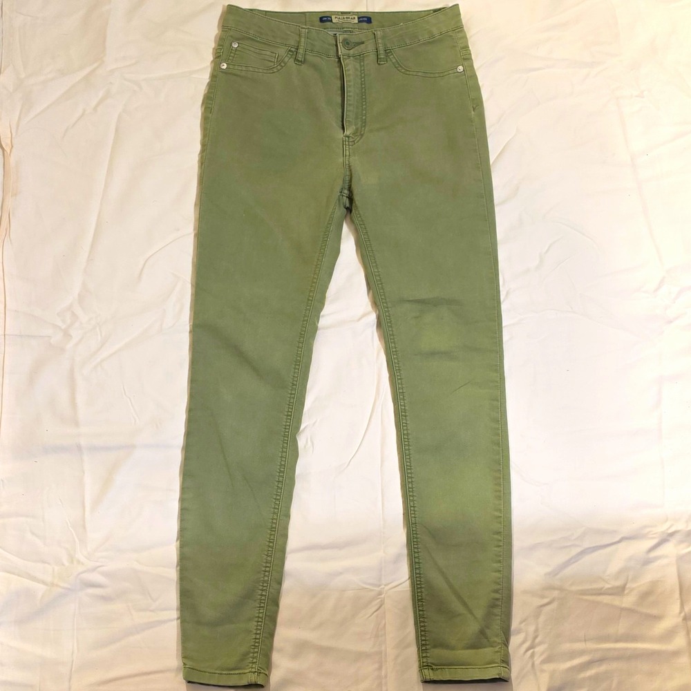 Pull&Bear Women's Mid Rise Slim Skinny Denim Pants Green Pockets Button Zip #92